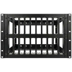 Black metal server patch panel with data center infrastructure slots and mounting holes offering organized cable management and durable rack