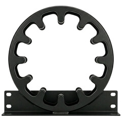 Industrial cable holder ring with sturdy metal bracket showing center infrastructure and data conduit management in functional minimalist style