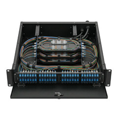 Fiber optic patch panel data center infrastructure with organized colored cables and connectors black rack for network maintenance and high