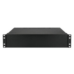 Data center infrastructure rack server front panel in matte black with ventilation and mounting ears creating modern technical atmosphere