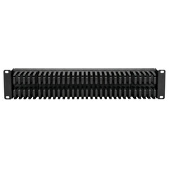 Data center infrastructure cable organizer panel with ventilation slots in metal rack mount design for tidy network equipment management