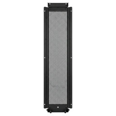 Black perforated metal server cabinet vent panel with airflow holes protecting data center infrastructure and equipment while allowing cooling