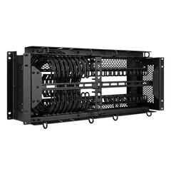 Data center infrastructure rack mounted fiber organizer with cable loops and metal frame neatly arranged for efficient network management