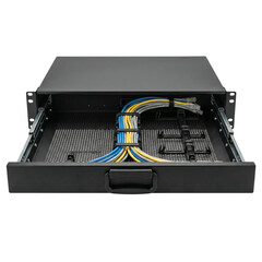 Rack drawer with organized blue yellow and gray network cables neatly routed through cable management data center infrastructure showing tidy