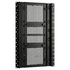Data center infrastructure panel with perforated metal ventilation grid and mounting frame conveying industrial cooling efficiency and strength