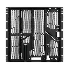 Industrial server rack panel with hexagonal ventilation pattern data center infrastructure cooling metal black modern design minimal aesthetic calm