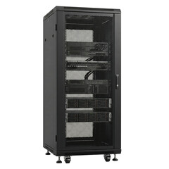 Data center infrastructure rack with network switches and cables secure server cabinet conveying efficient modern technology and operational