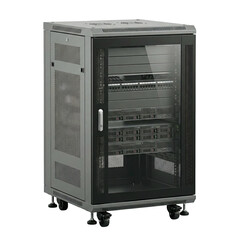 Data center infrastructure cabinet with servers and patch panels in cool industrial lighting conveying secure professional environment