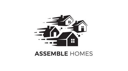 Fototapeta premium A black and white logo featuring stylized houses with the text 'assemble homes' below, conveying a sense of modern home building and construction.