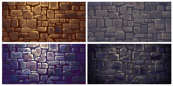 Four variations of a stylized stone wall texture in different lighting