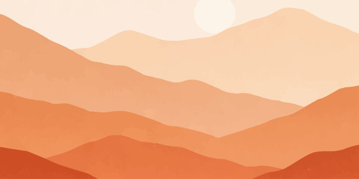 Abstract vector illustration of a desert mountain landscape with sand dunes and a yellow sun setting over an orange horizon