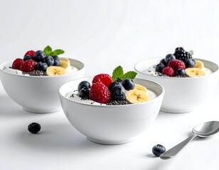 Three white bowls of yogurt topped with fresh berries, banana slices, chia seeds, and mint