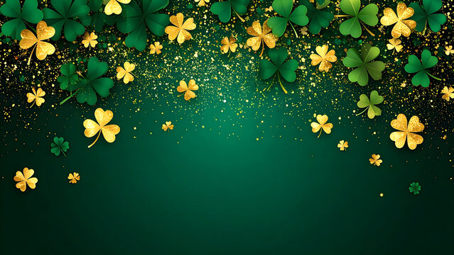 Luxurious emerald green background adorned with shimmering gold shamrocks and festive glitter particles.
