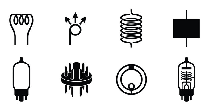 Vacuum tube electrode element icons: heater, anode, cathode, grid, pentode, socket, triode and tetrode icons