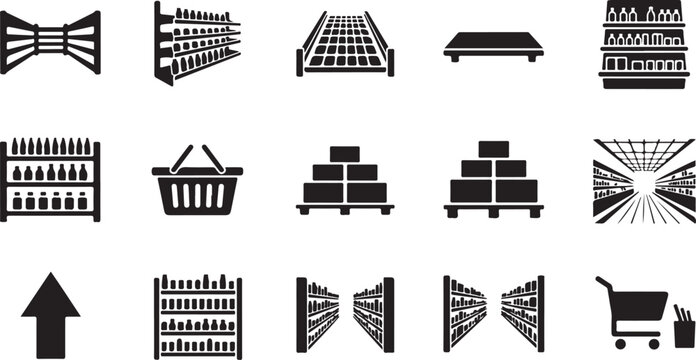 Supermarket shelves and shopping cart icons set products display retail store layout on transparent background