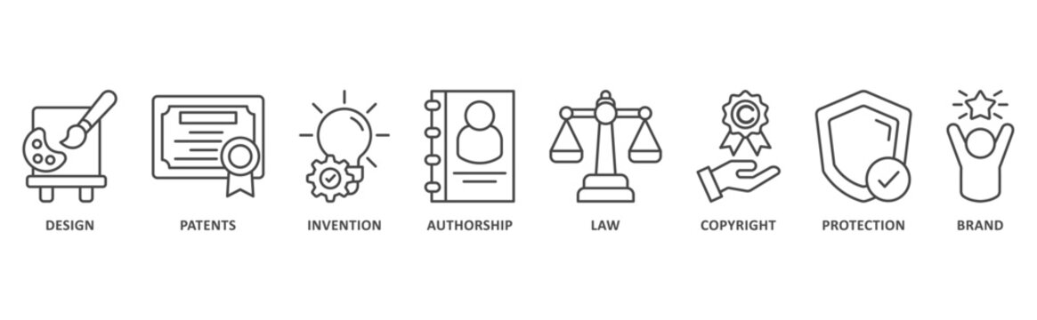 intellectual property banner web icon illustration with icon of design, patents, invention, authorship, law, copyright, protection, brand