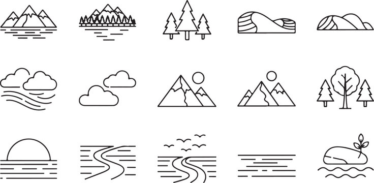 Natural landscape outline icons set featuring mountain ranges forest trees clouds water waves sun and river flow elements for design