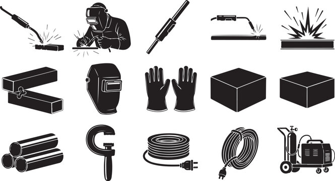 Welding equipment and metalwork tools set with welder mask torch gloves pipes cables gas cylinders and electrical soldering icons