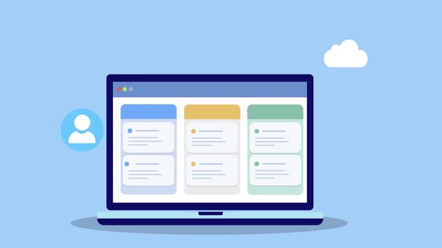 Flat vector animation of laptop dashboard with user icon and cloud symbol representing cloud collaboration, online workspace management, and digital business workflow.