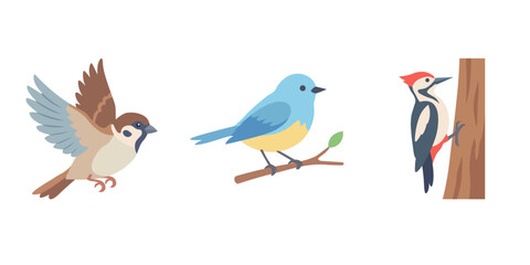 Obraz premium Sparrow Bluebird And Woodpecker Set