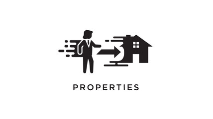 Fototapeta premium A black icon depicting a man moving towards a house with an arrow, symbolizing properties and relocation on a white background.