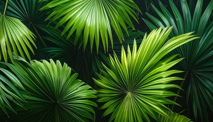 Obraz premium Close-up view of vibrant, lush, and detailed green tropical palm foliage