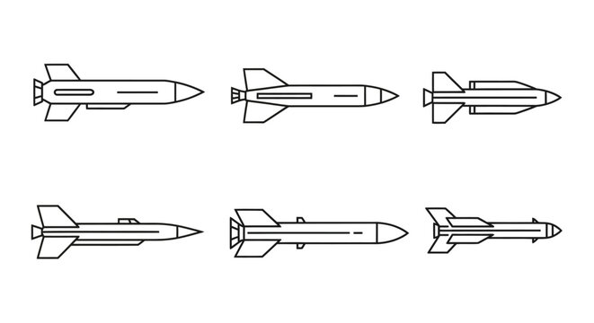 Set of Six Diverse Military Missile Outline Icons, Various Weapon Designs on an Isolated White Background