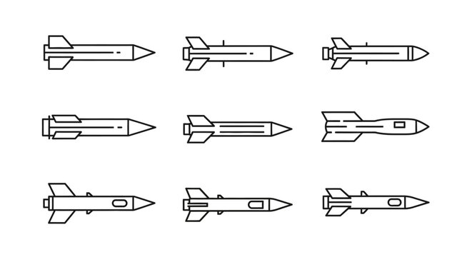 Collection of Nine Diverse Military Missile Outline Icons, Various Weapon Shapes on an Isolated White Background