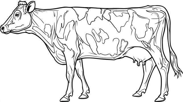 Outline drawing depicting a spotted domestic bovine standing in profile view