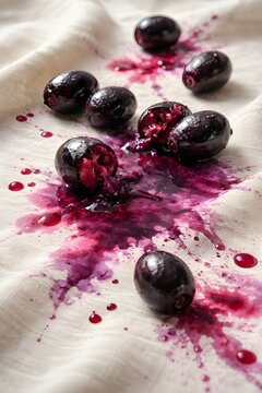 Hyper-realistic AI: Vibrant Smashed Jambolan Java Plum Fruit on Textured Fabric