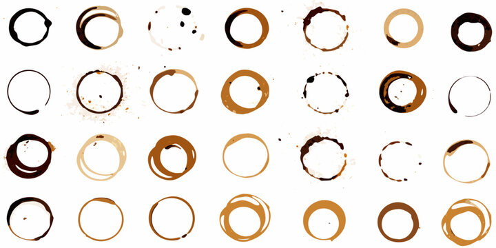 Collection of coffee rings and stains on a white background