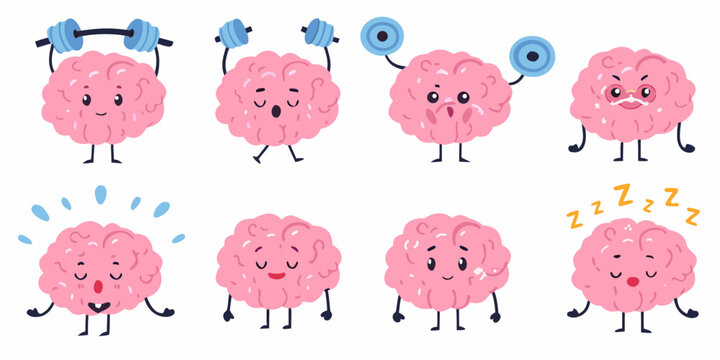 Cute cartoon brains displaying various emotions and physical activities