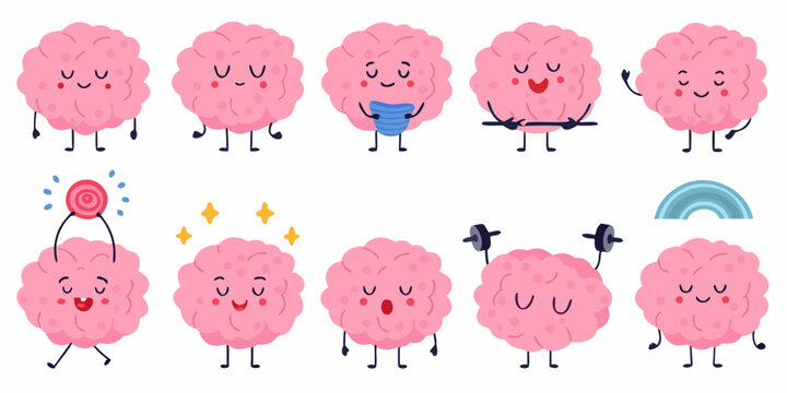Cute cartoon brains displaying various emotions and positive activities