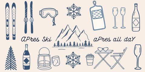 Winter sports and apr s ski themed illustrations in a blue gray palette © Lelin