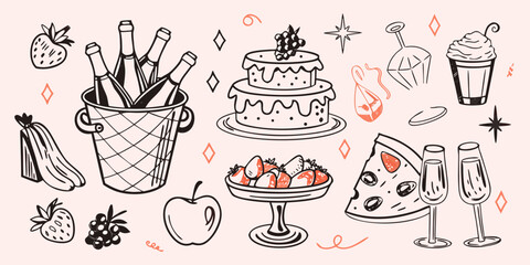 Celebratory doodle illustration featuring desserts fruit and champagne bottles