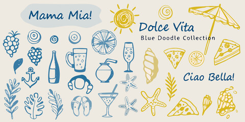 Italian summer themed doodles with citrus drinks and coastal elements © Lelin