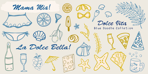 Italian summer themed doodles featuring lemons cocktails and seaside items © Lelin