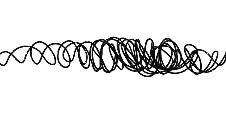 Abstract black scribble drawing resembling tangled lines on a white background