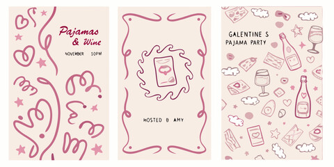 Obraz premium A set of three illustrated panels for a pajama and wine party