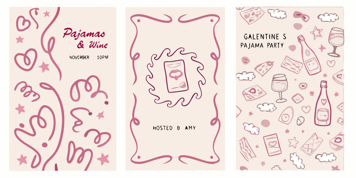 A set of three illustrated panels for a pajama and wine party