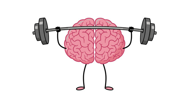 Pink cartoon brain character lifting heavy barbell weights white background exercise
