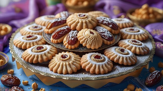 traditional Eid al-Fitr desserts, featuring an assortment of date sweet cookies, specifically mamool or Kahk, freshly baked for the occasion
