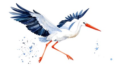 Watercolor illustration of a stork taking flight, wings spread, with blue splatters © Kabel