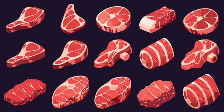 Various cuts of raw red meat arranged in a colorful cartoon style