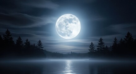 Fototapeta premium Mystical Moonlight Reflection on Lake at Night.