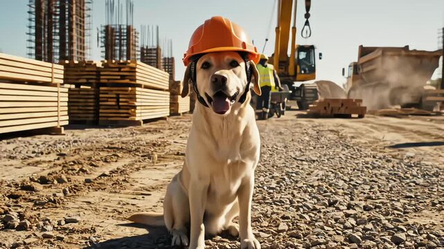 A dog in a hard hat plays at a busy construction site.