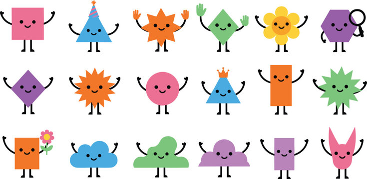 Cartoon geometric character collection, colorful shape icons, educational children artwork, playful vector design set, smiling face illustration with accessories