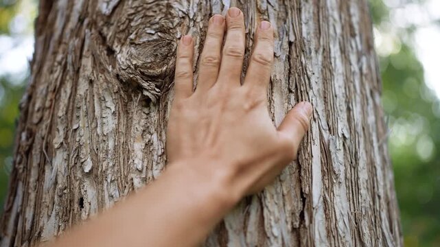 A hand rests gently on the rough texture of a tree trunk. The tree trunk displays an intricate pattern, highlighting the connection between nature and the person&rsquo;s hand.