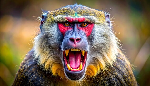 Vivid portrait of a monkey displaying vibrant colors and an open mouth, revealing teeth against a blurred backdrop