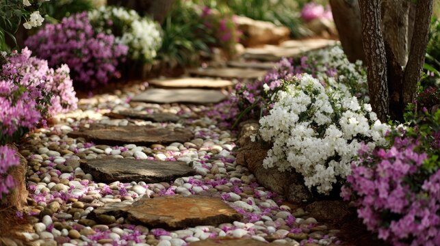 Stone pathway meandering through a lush garden abundant with pink and white blossoms